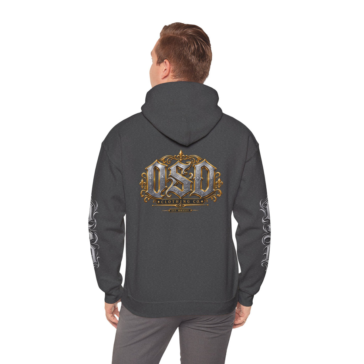 Hoodie — Ornate Gothic "OSD" Logo Sleeve & Back Streetwear Hoodie