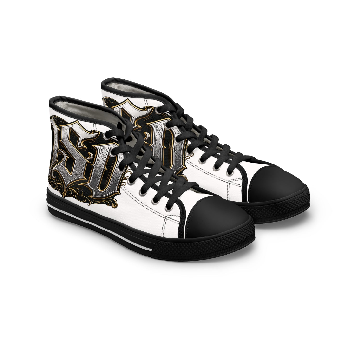Women's High Top Sneakers — Gothic Monogram Black & Gold Vintage Initials