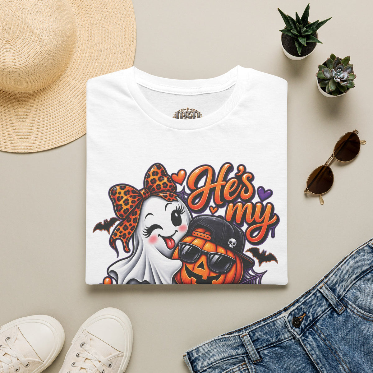 Halloween "He's My Boo Thing" T-Shirt — Cute Ghost & Pumpkin Couple Tee