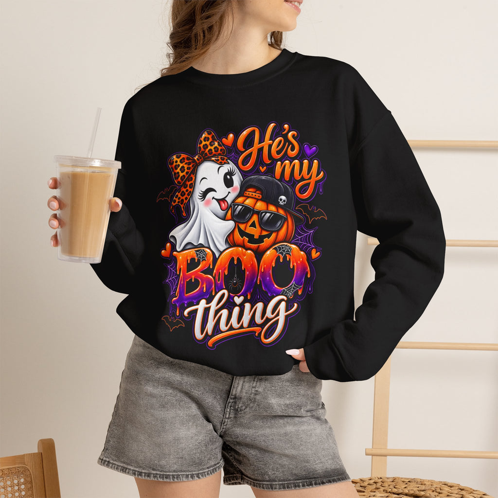 Sweatshirt — "He's My Boo Thing" Halloween Ghost & Jack-O'-Lantern Crewneck