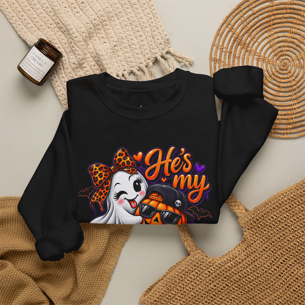Sweatshirt — "He's My Boo Thing" Halloween Ghost & Jack-O'-Lantern Crewneck