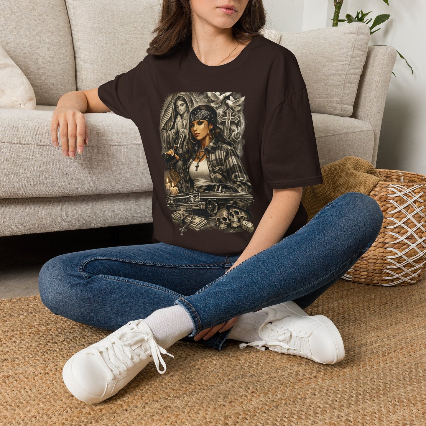 Chicana Lowrider Art T-Shirt – Virgen & Cholo Girl Vintage Streetwear