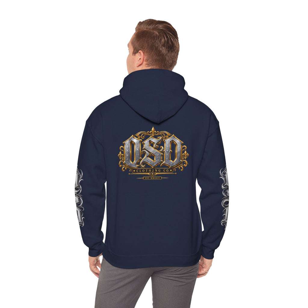Hoodie — Ornate Gothic "OSD" Logo Sleeve & Back Streetwear Hoodie
