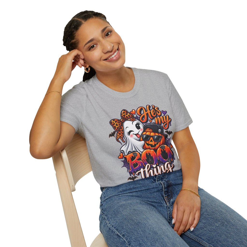 Halloween "He's My Boo Thing" T-Shirt — Cute Ghost & Pumpkin Couple Tee