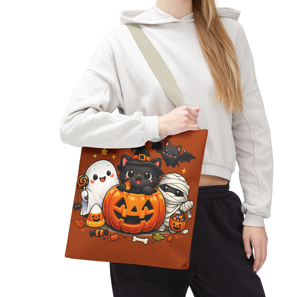 Halloween Cute Cat Pumpkin Tote Bag — Trick-or-Treat Witch Cat & Mummy Design