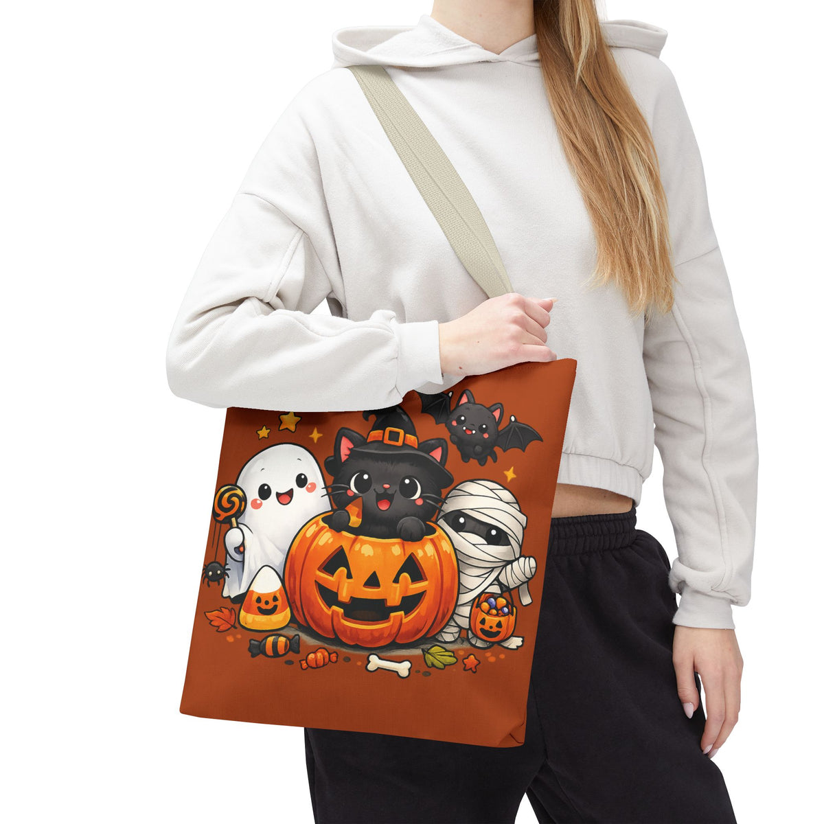 Halloween Cute Cat Pumpkin Tote Bag — Trick-or-Treat Witch Cat & Mummy Design