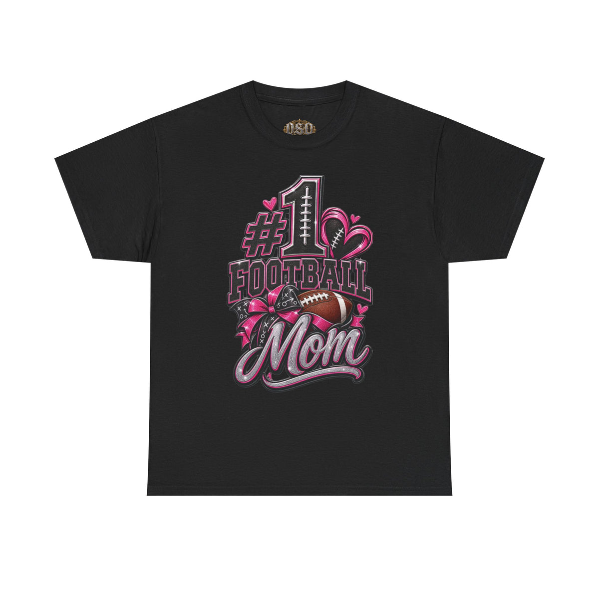 #1 Football Mom T-Shirt — Pink Heart Football Mom Tee for Game Day