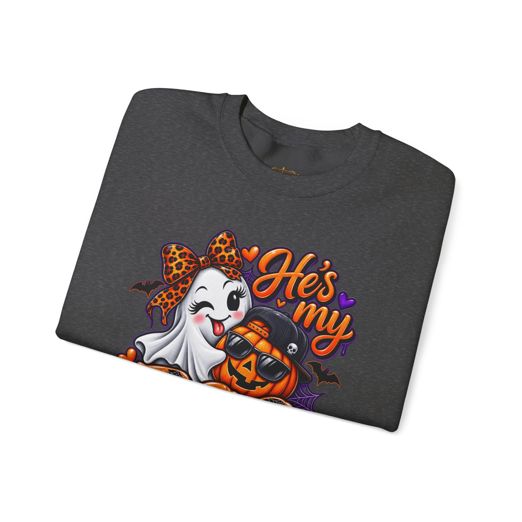 Sweatshirt — "He's My Boo Thing" Halloween Ghost & Jack-O'-Lantern Crewneck