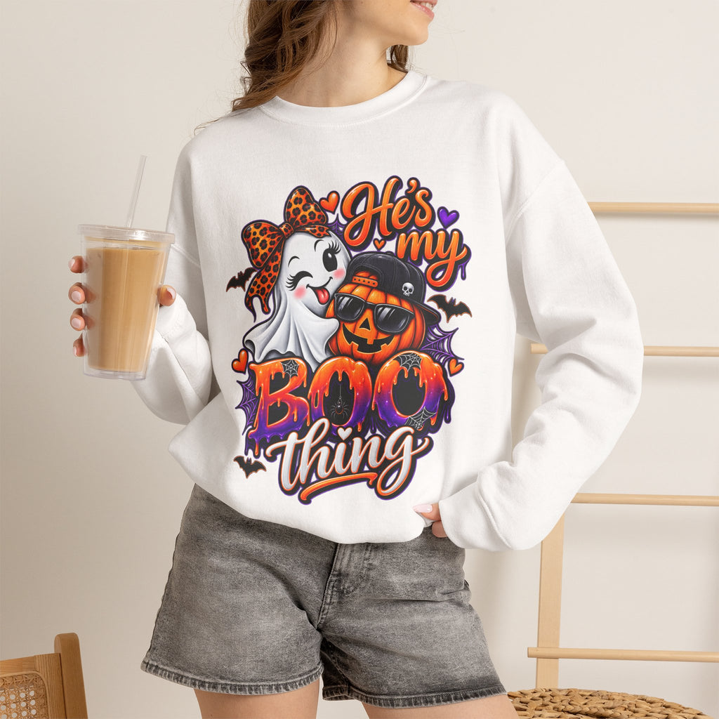 Sweatshirt — "He's My Boo Thing" Halloween Ghost & Jack-O'-Lantern Crewneck