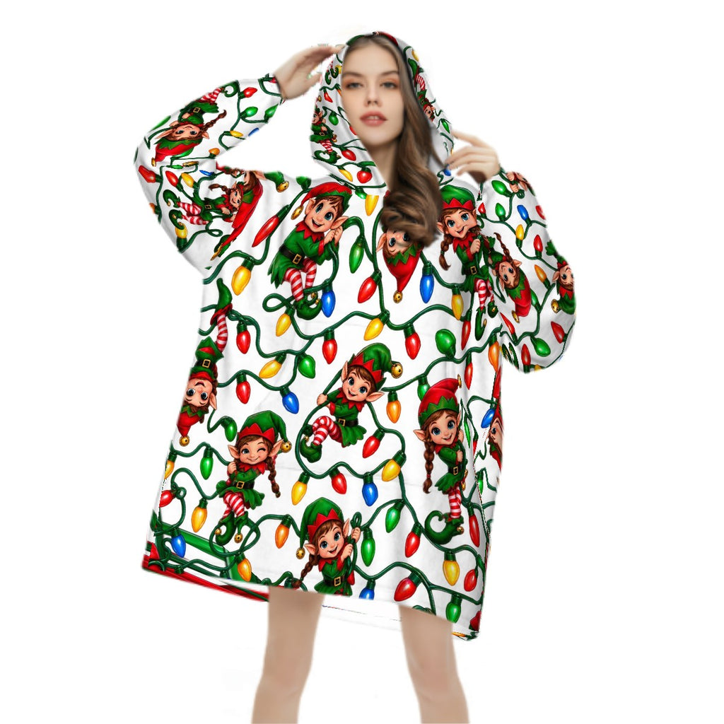 Adult Blanket Hoodie Cute Elves Tangled in Christmas Lights