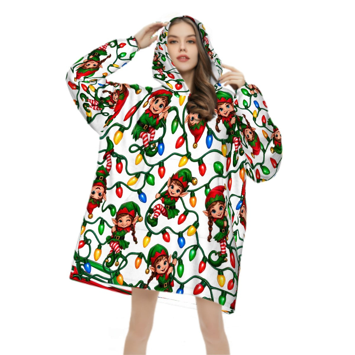 Adult Blanket Hoodie Cute Elves Tangled in Christmas Lights