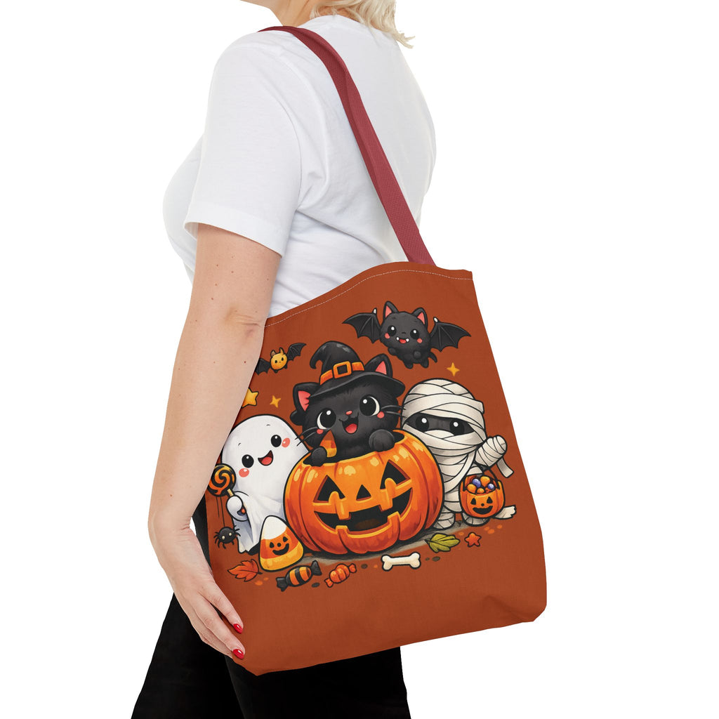 Halloween Cute Cat Pumpkin Tote Bag — Trick-or-Treat Witch Cat & Mummy Design