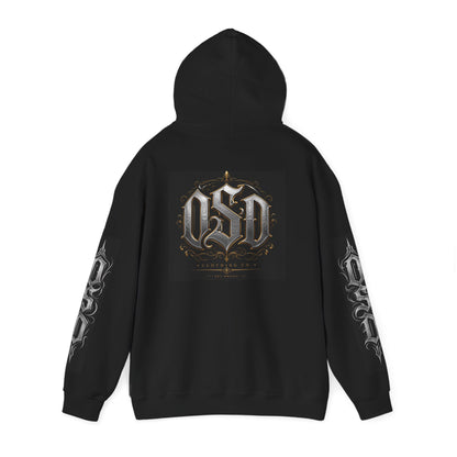 Graphic Hoodie — Gothic "OSD" Logo Pullover with Sleeve Panels
