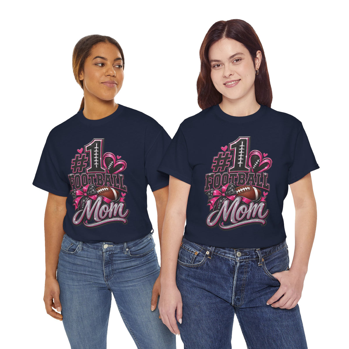 #1 Football Mom T-Shirt — Pink Heart Football Mom Tee for Game Day