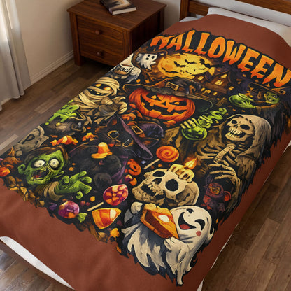 Halloween Velveteen Plush Blanket — Cute Spooky Pumpkin, Ghosts & Skeletons Throw