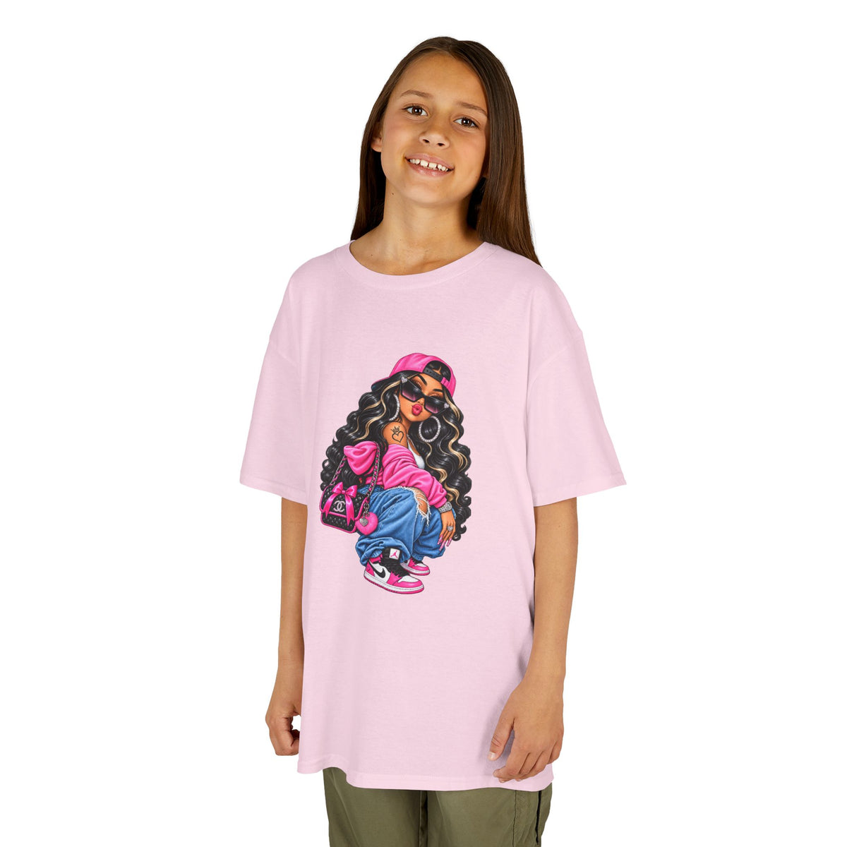 Kids Tee — Cool Girl Graphic Shirt (pink hat, backpack)