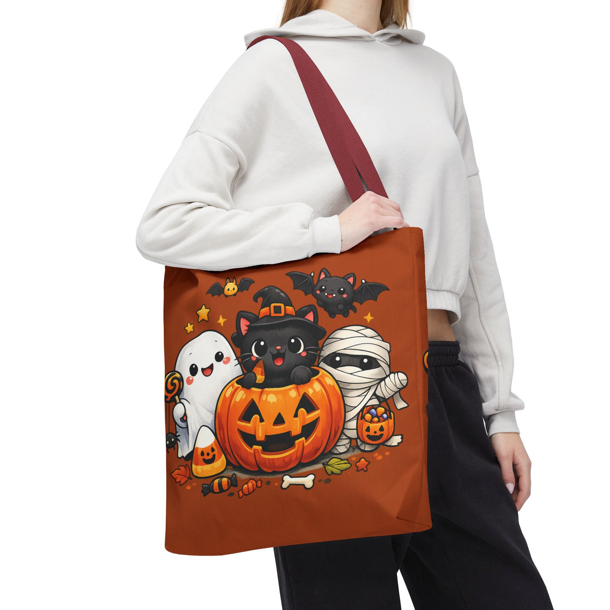 Halloween Cute Cat Pumpkin Tote Bag — Trick-or-Treat Witch Cat & Mummy Design