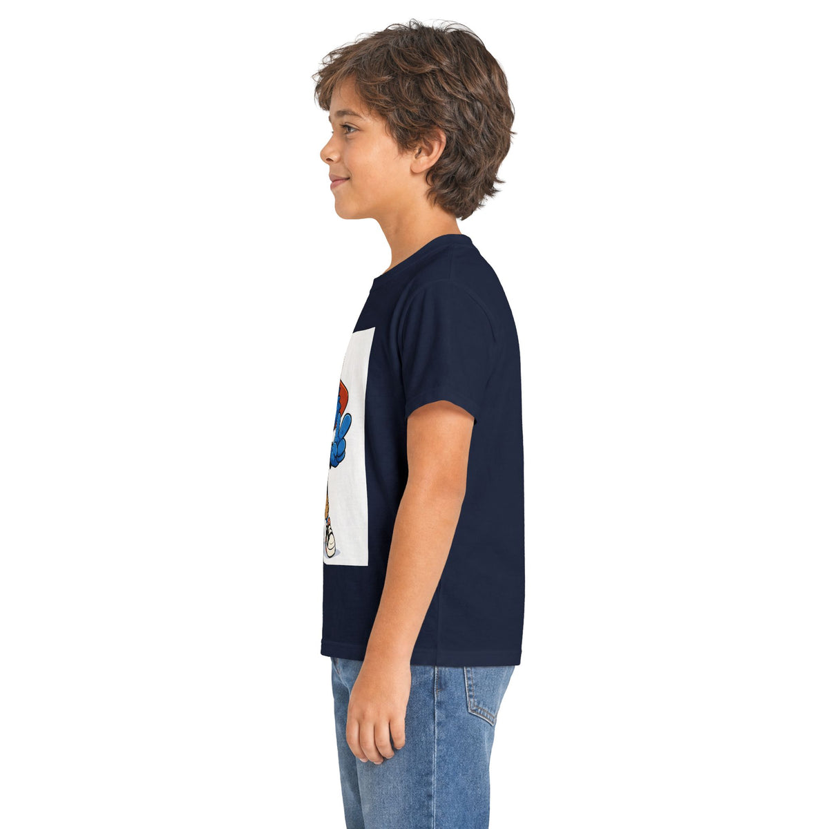 Kids Tee — Blue Cartoon Character Peace Sign Graphic Shirt