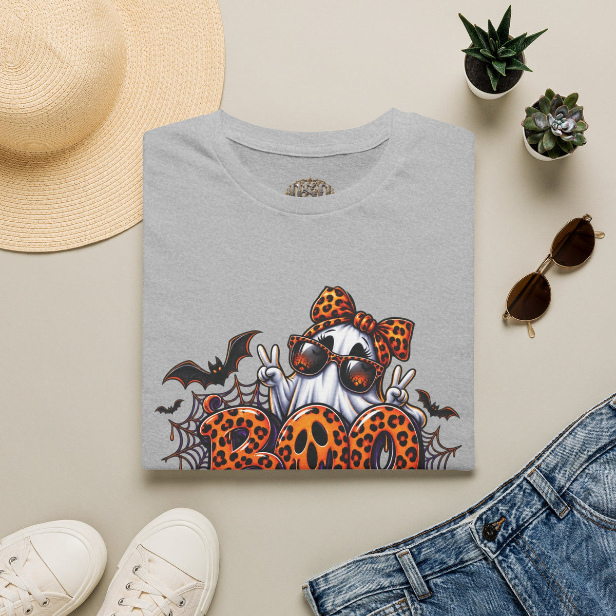 Ghost Boo Leopard Halloween T-Shirt — 'Boo' Graphic Pumpkin Bat Tee