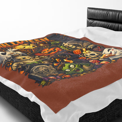 Halloween Velveteen Plush Blanket — Cute Spooky Pumpkin, Ghosts & Skeletons Throw