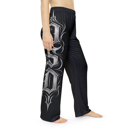 Gothic Script Women's Pajama Pants – Black Side Lettering Lounge Pants
