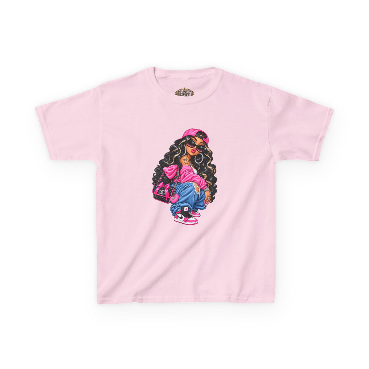 Kids Tee — Cool Girl Graphic Shirt (pink hat, backpack)