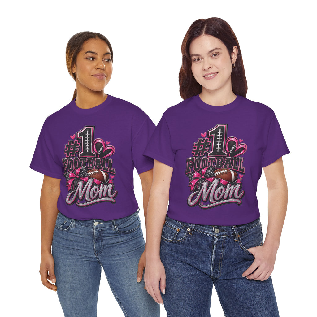 #1 Football Mom T-Shirt — Pink Heart Football Mom Tee for Game Day