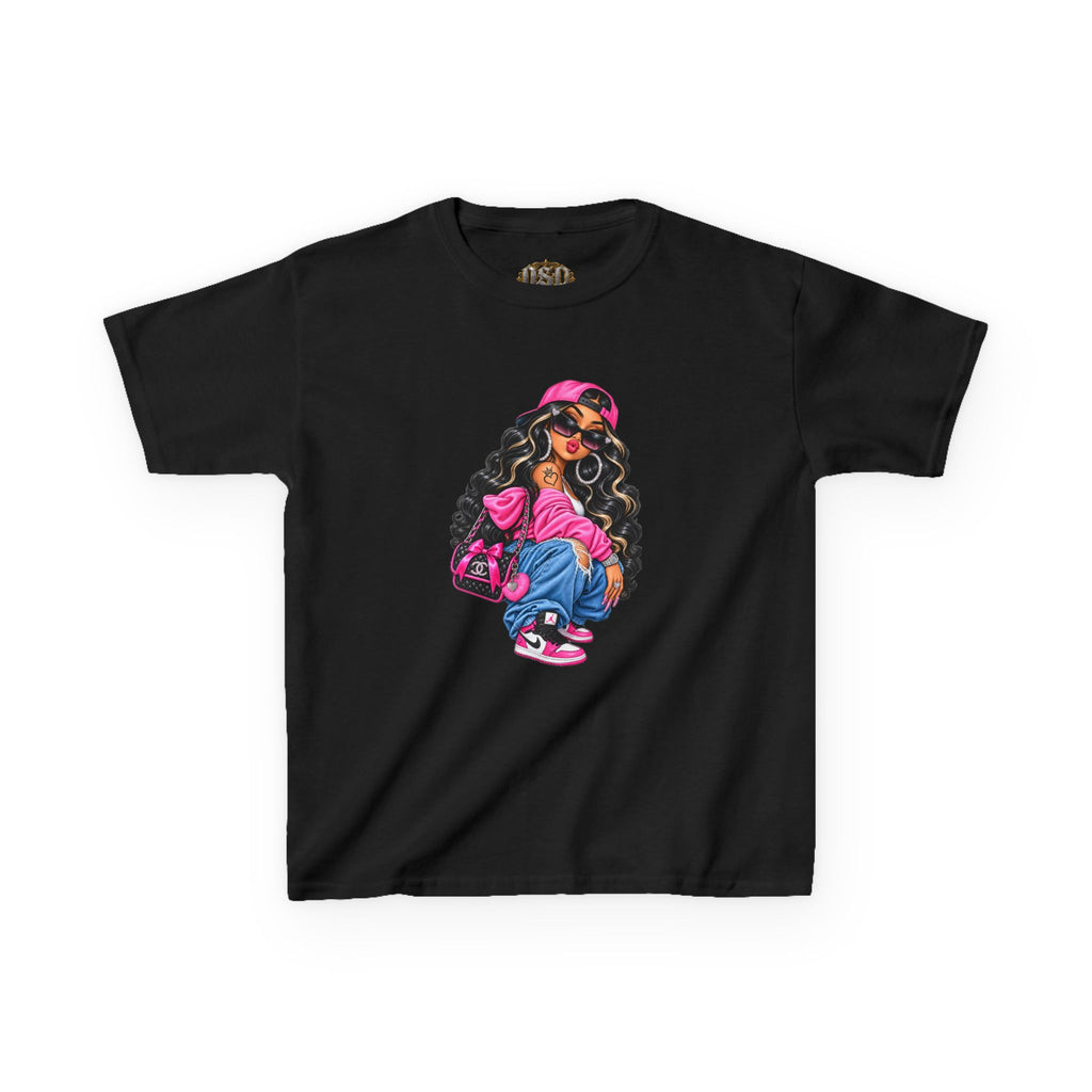 Kids Tee — Cool Girl Graphic Shirt (pink hat, backpack)