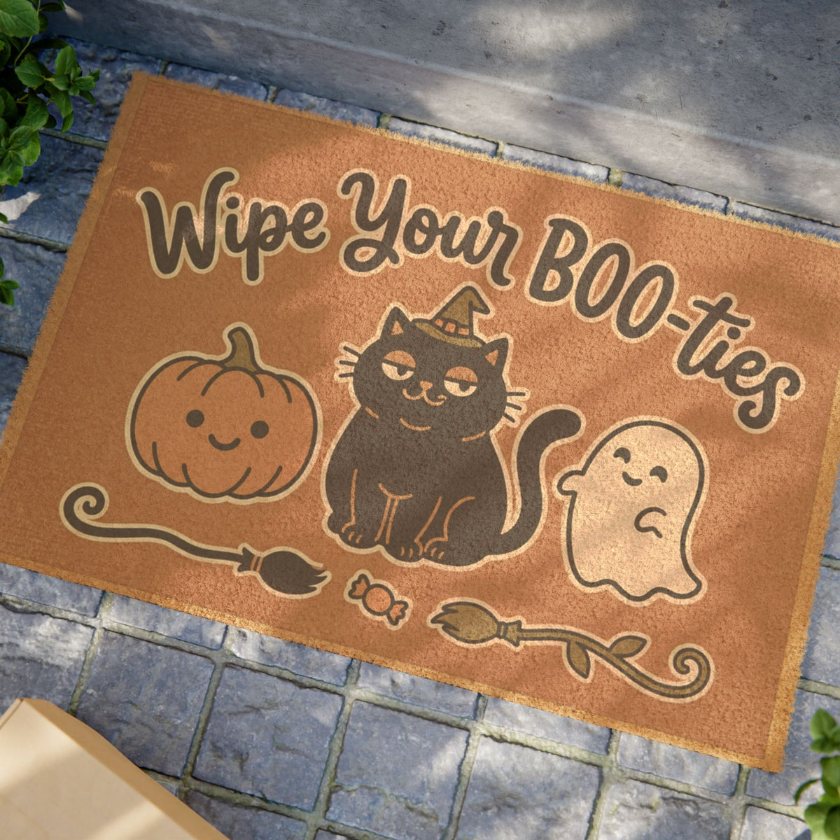 Doormat — "Wipe Your BOO-ties" Halloween Cat, Pumpkin & Ghost Welcome Mat