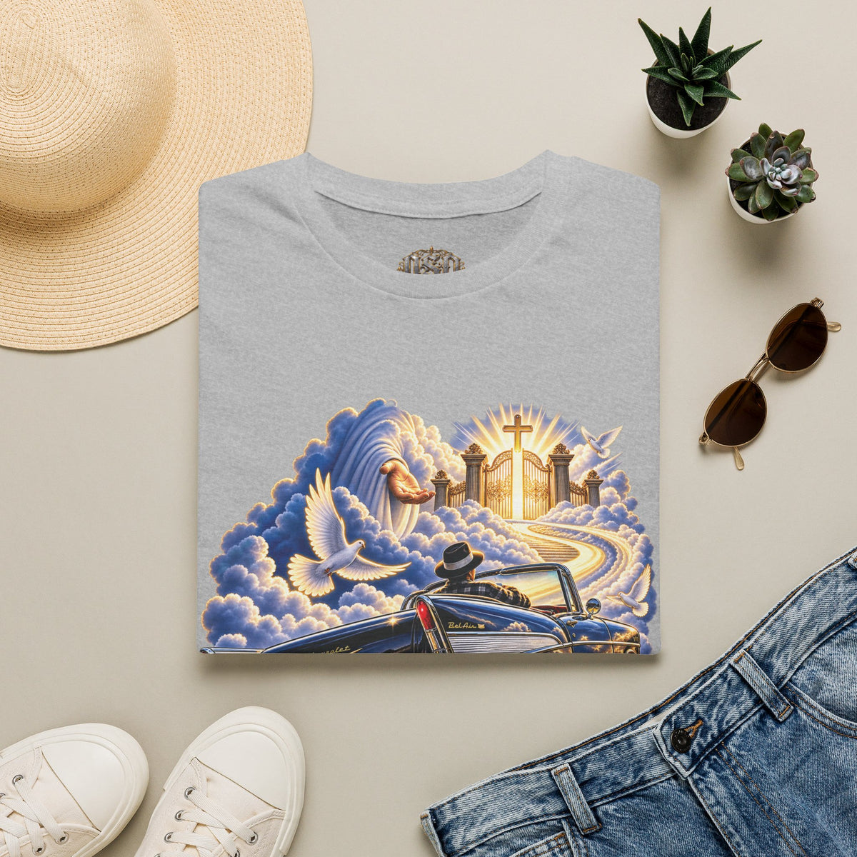 Christian Heaven Car Tribute T-Shirt — Guardian Angel, Cross & Dove T Shirt