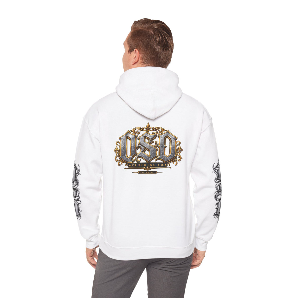 Hoodie — Ornate Gothic "OSD" Logo Sleeve & Back Streetwear Hoodie