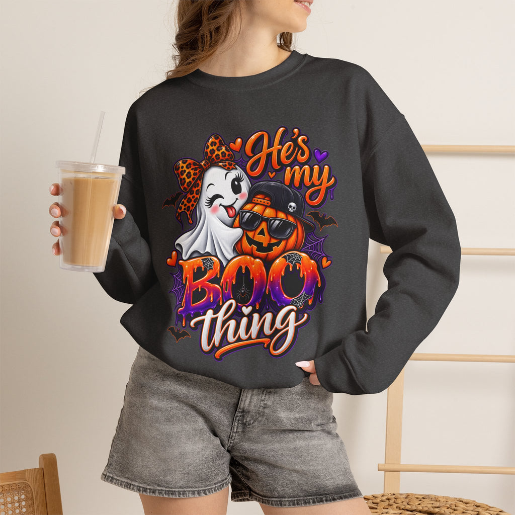 Sweatshirt — "He's My Boo Thing" Halloween Ghost & Jack-O'-Lantern Crewneck