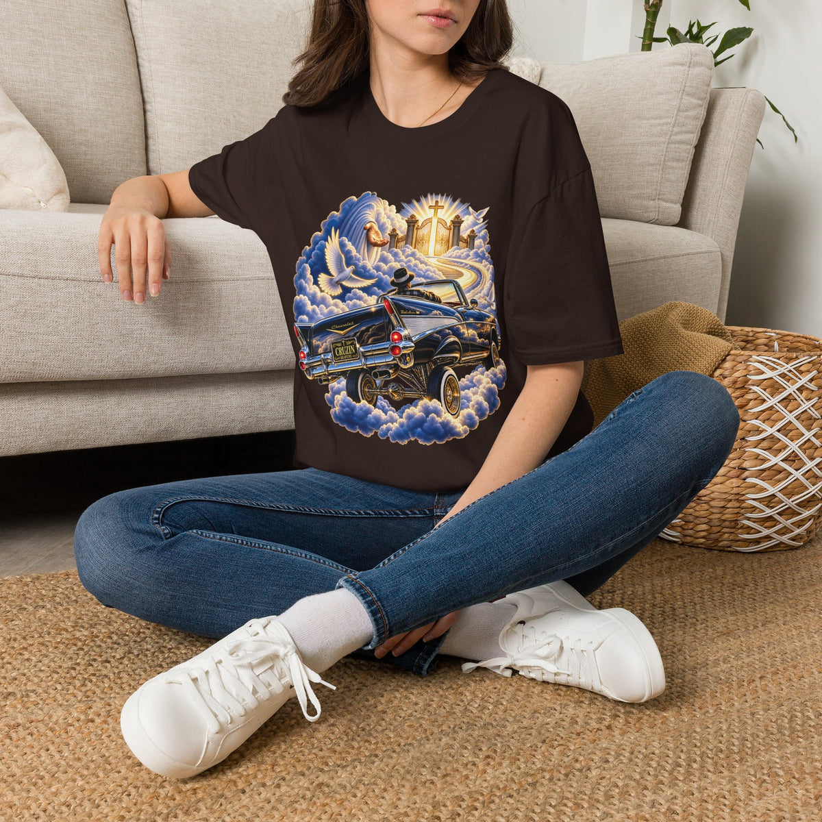 Christian Heaven Car Tribute T-Shirt — Guardian Angel, Cross & Dove T Shirt