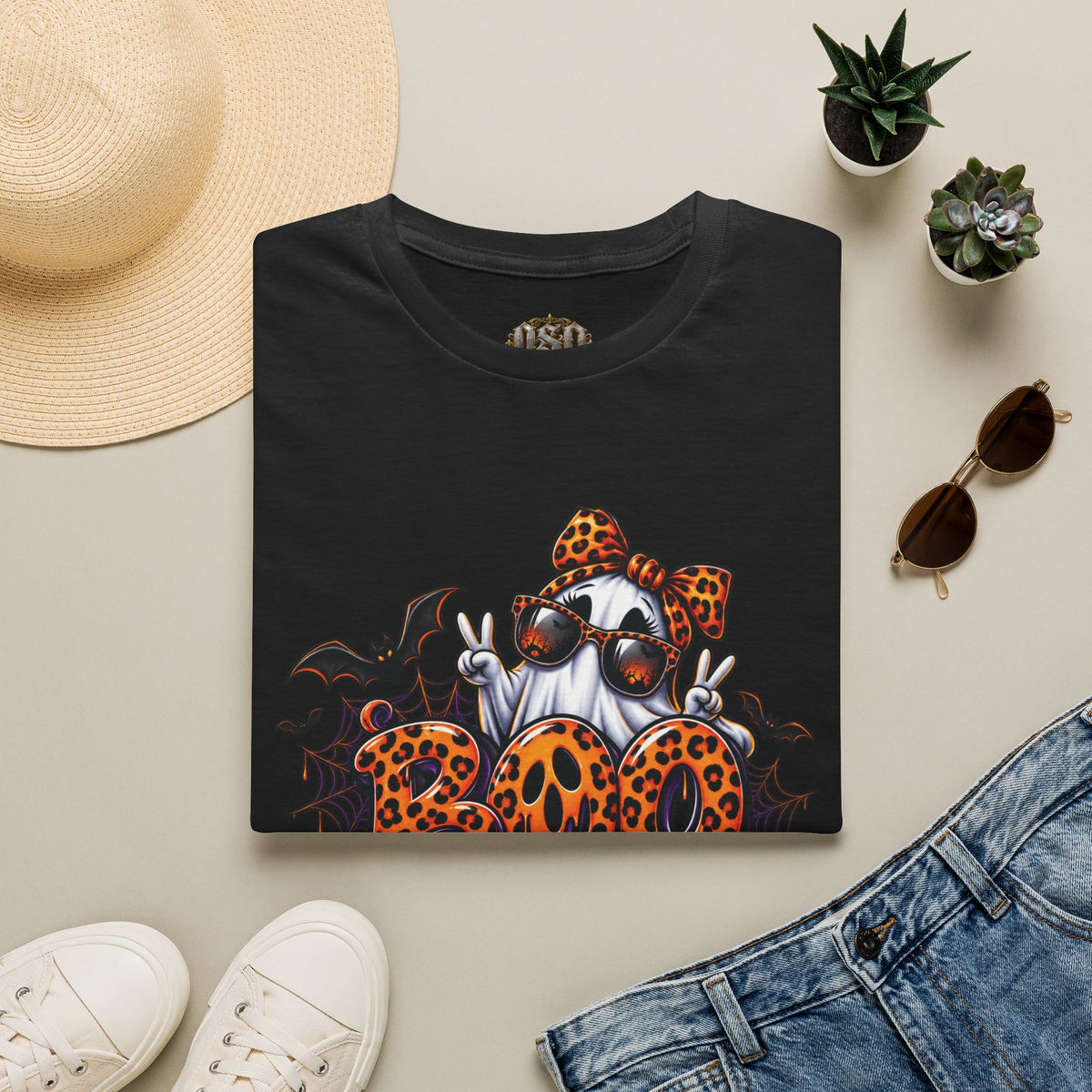 Ghost Boo Leopard Halloween T-Shirt — 'Boo' Graphic Pumpkin Bat Tee