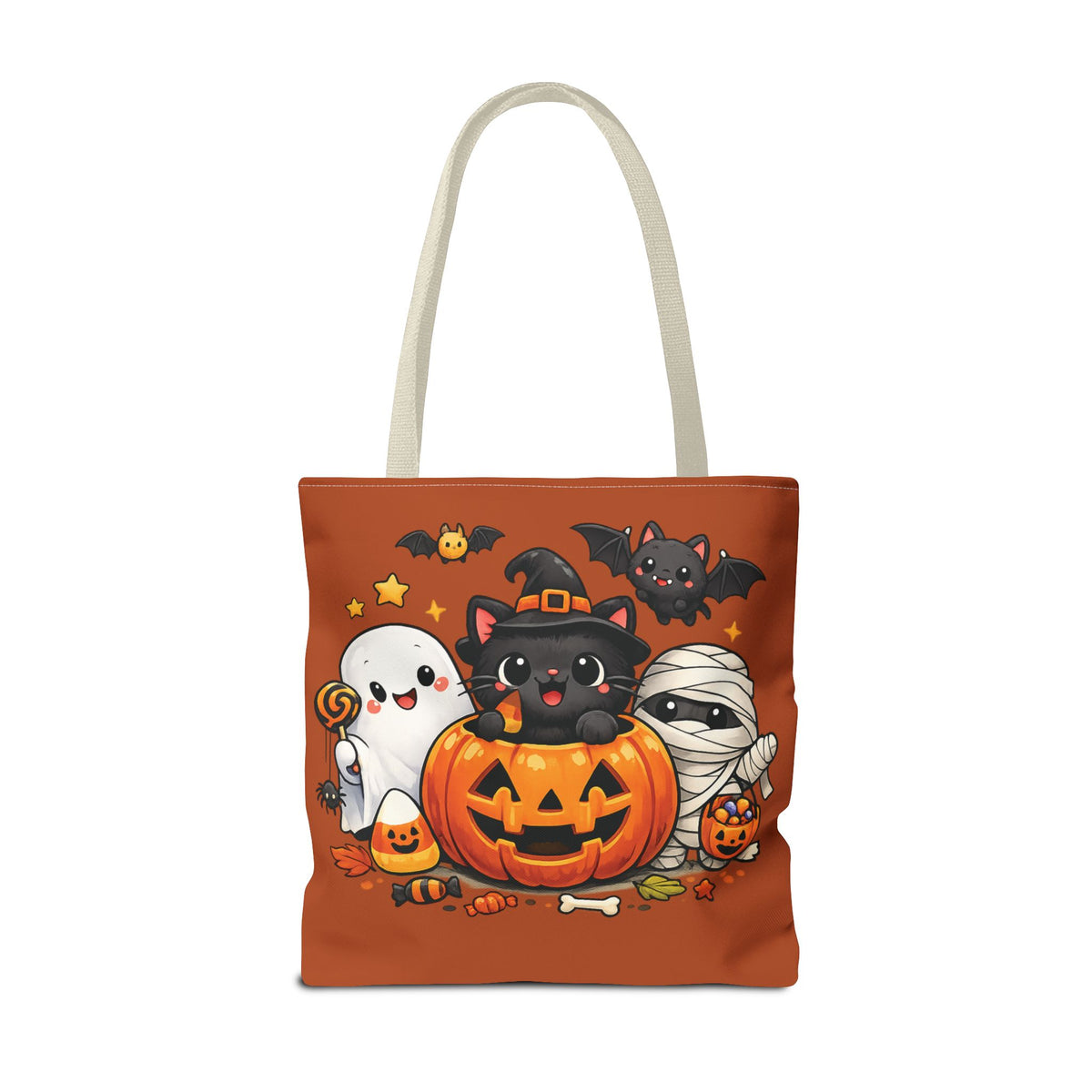 Halloween Cute Cat Pumpkin Tote Bag — Trick-or-Treat Witch Cat & Mummy Design