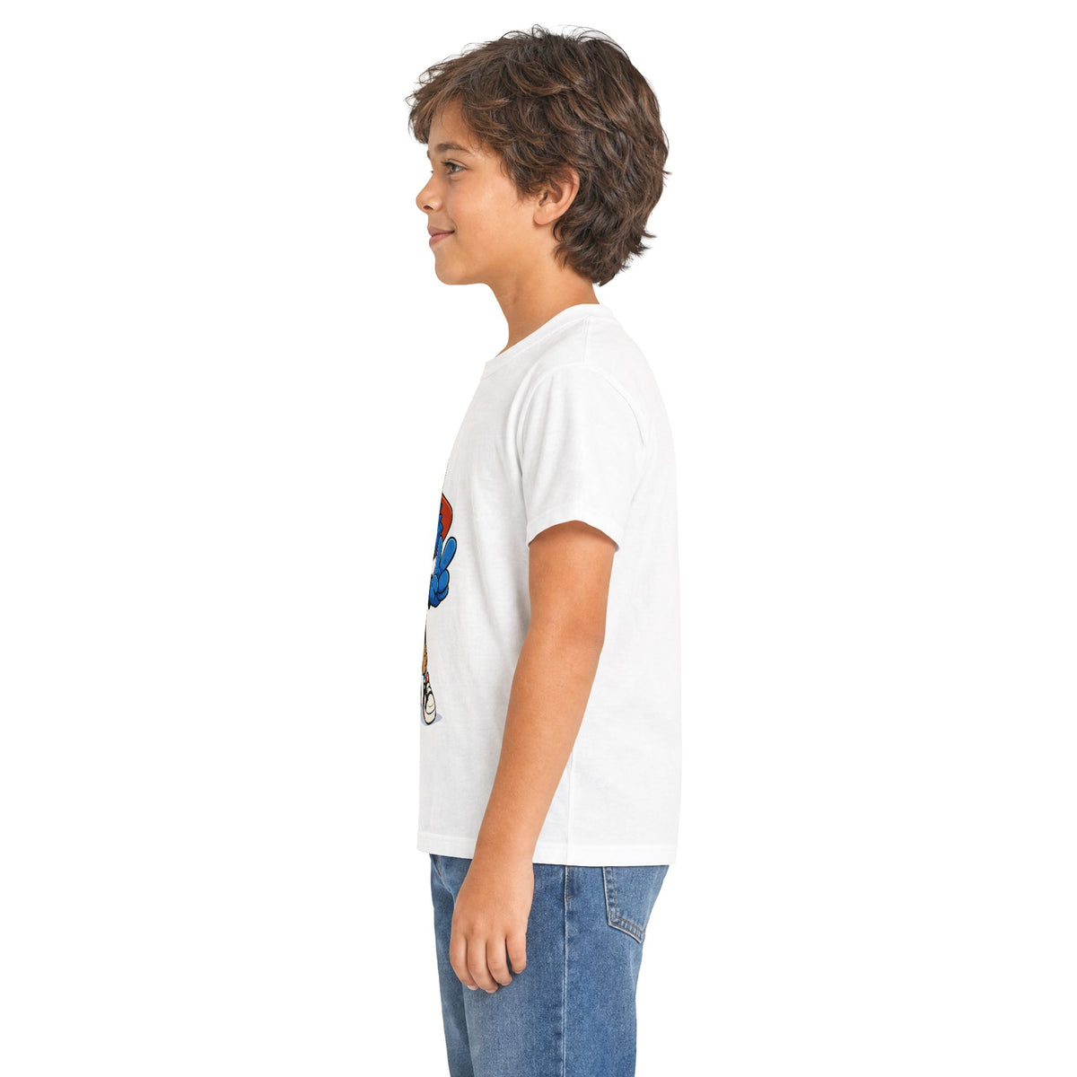 Kids Tee — Blue Cartoon Character Peace Sign Graphic Shirt