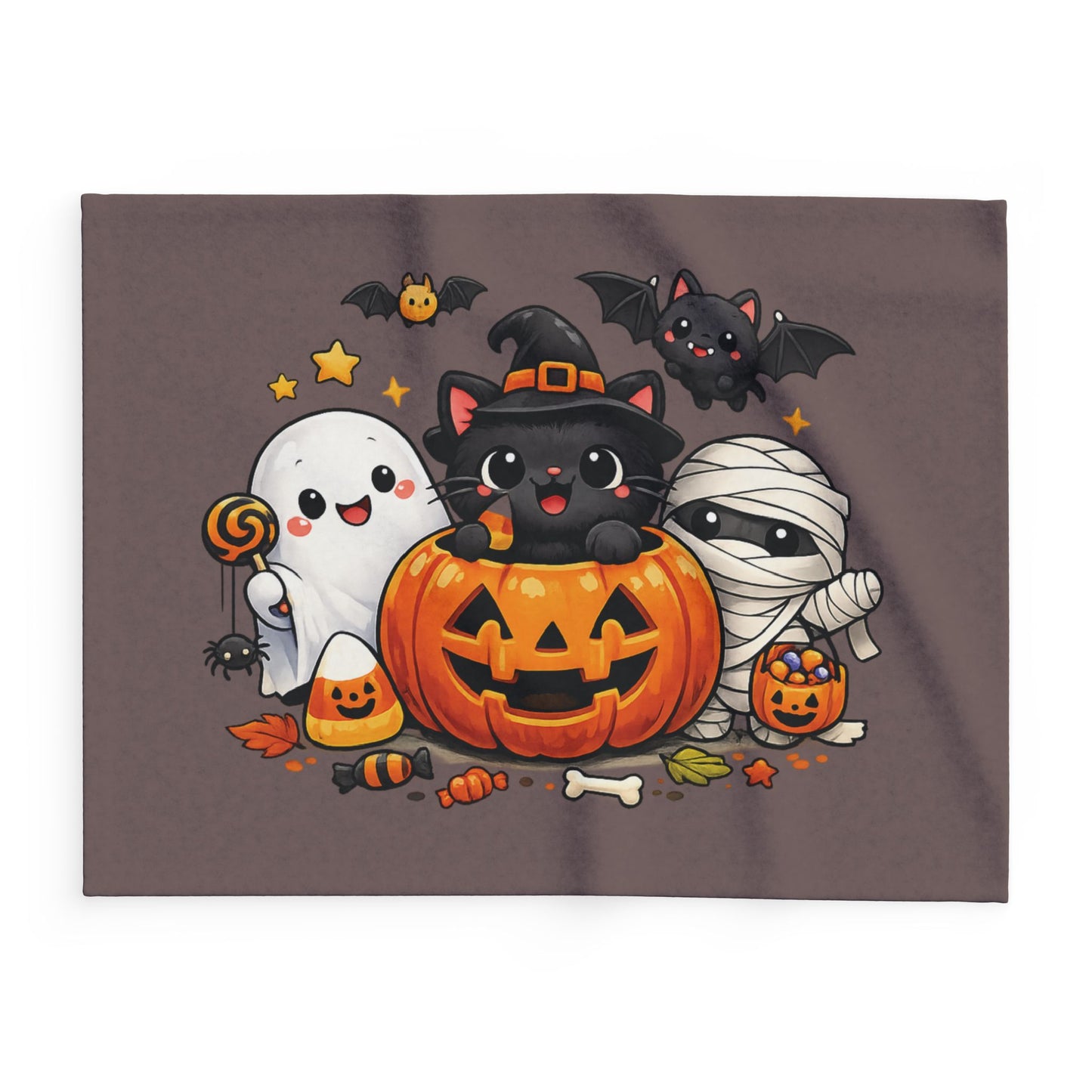 Halloween Kawaii Fleece Blanket — Cute Ghost, Black Cat & Mummy Pumpkin Design