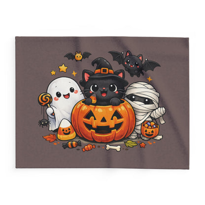 Halloween Kawaii Fleece Blanket — Cute Ghost, Black Cat & Mummy Pumpkin Design