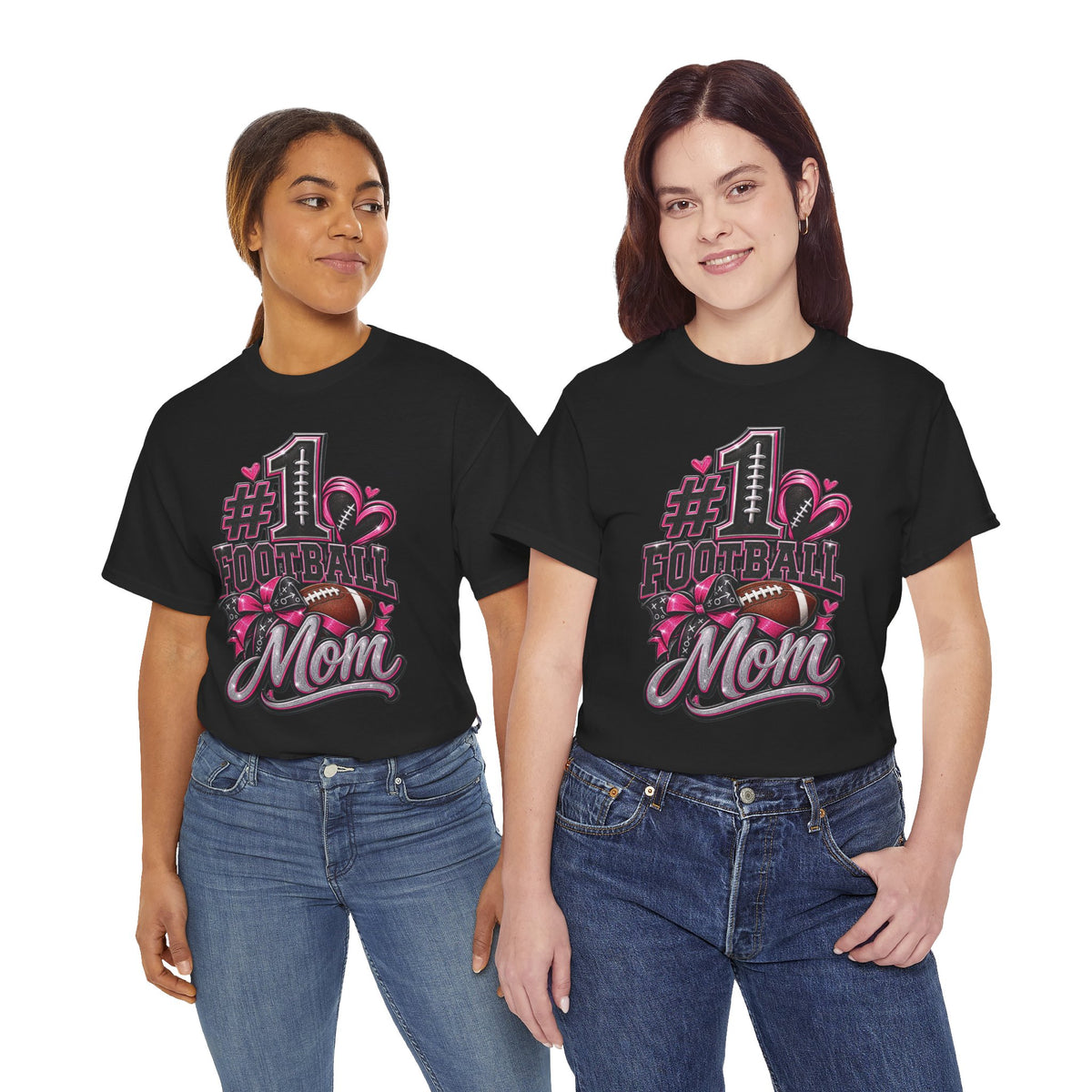 #1 Football Mom T-Shirt — Pink Heart Football Mom Tee for Game Day
