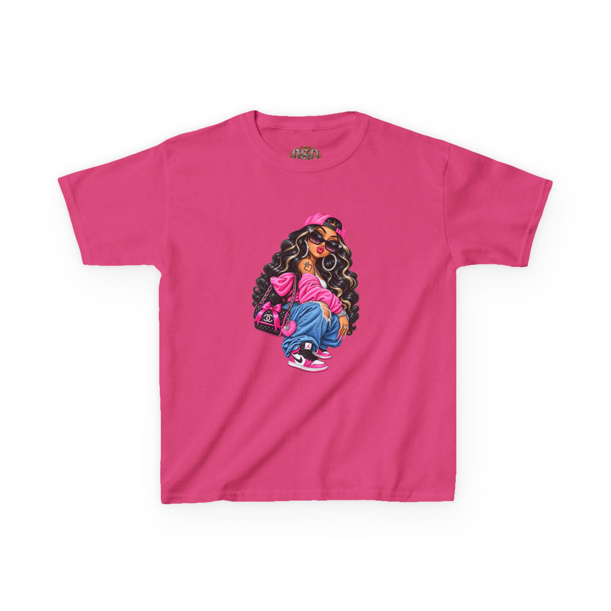 Kids Tee — Cool Girl Graphic Shirt (pink hat, backpack)