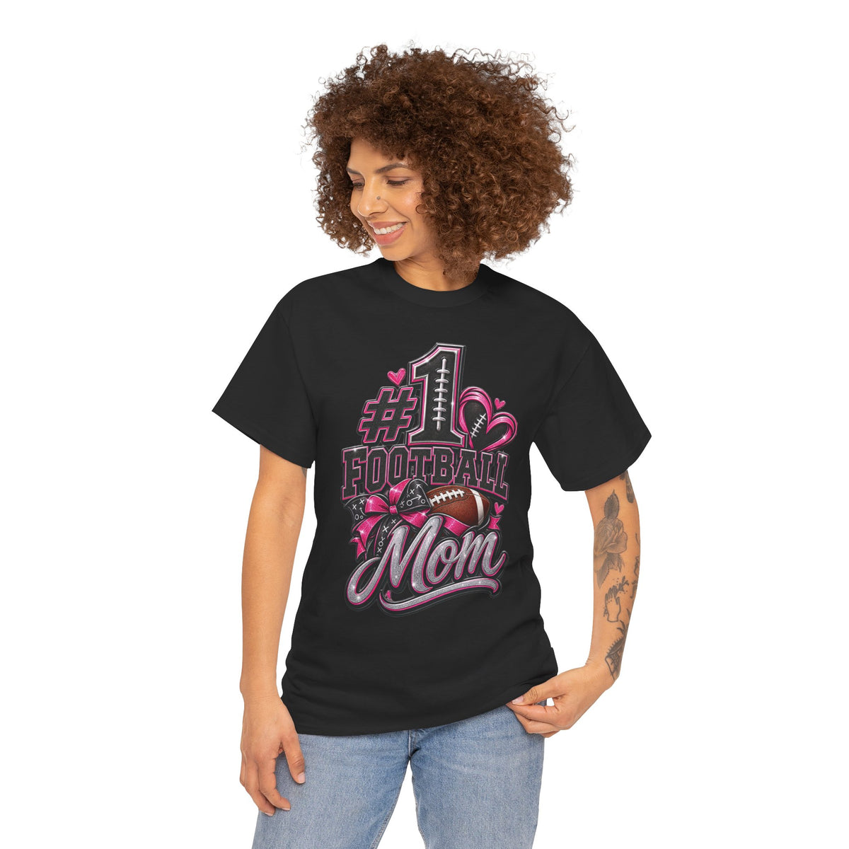 #1 Football Mom T-Shirt — Pink Heart Football Mom Tee for Game Day