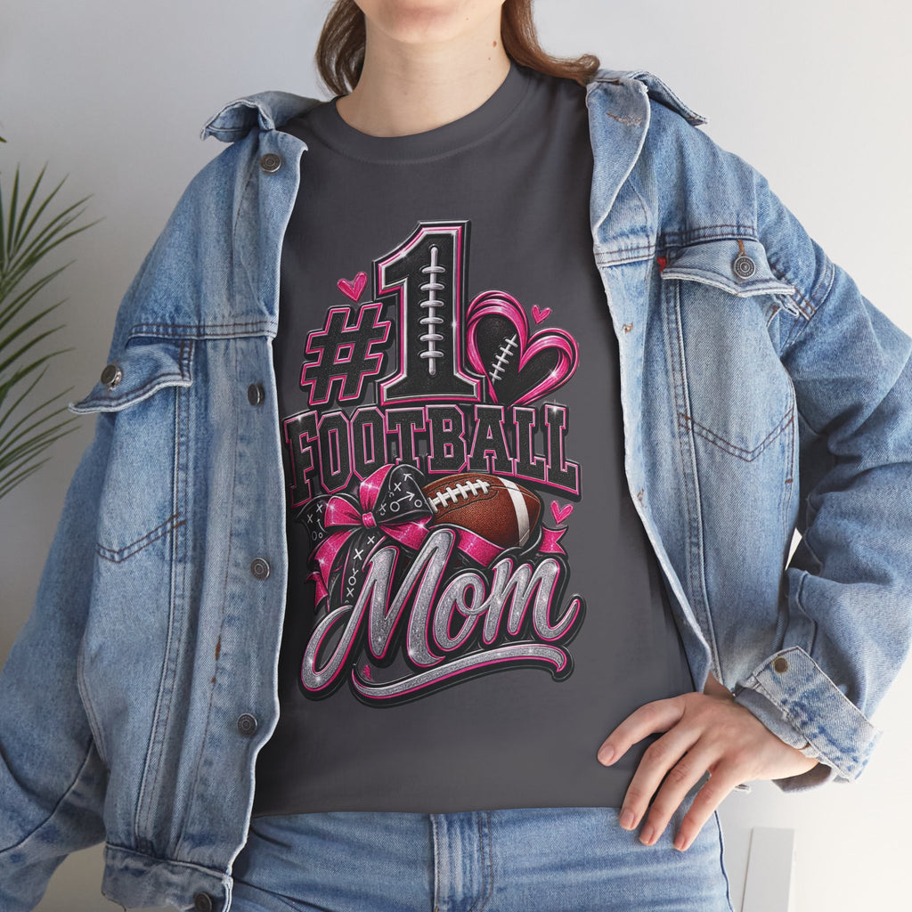 #1 Football Mom T-Shirt — Pink Heart Football Mom Tee for Game Day