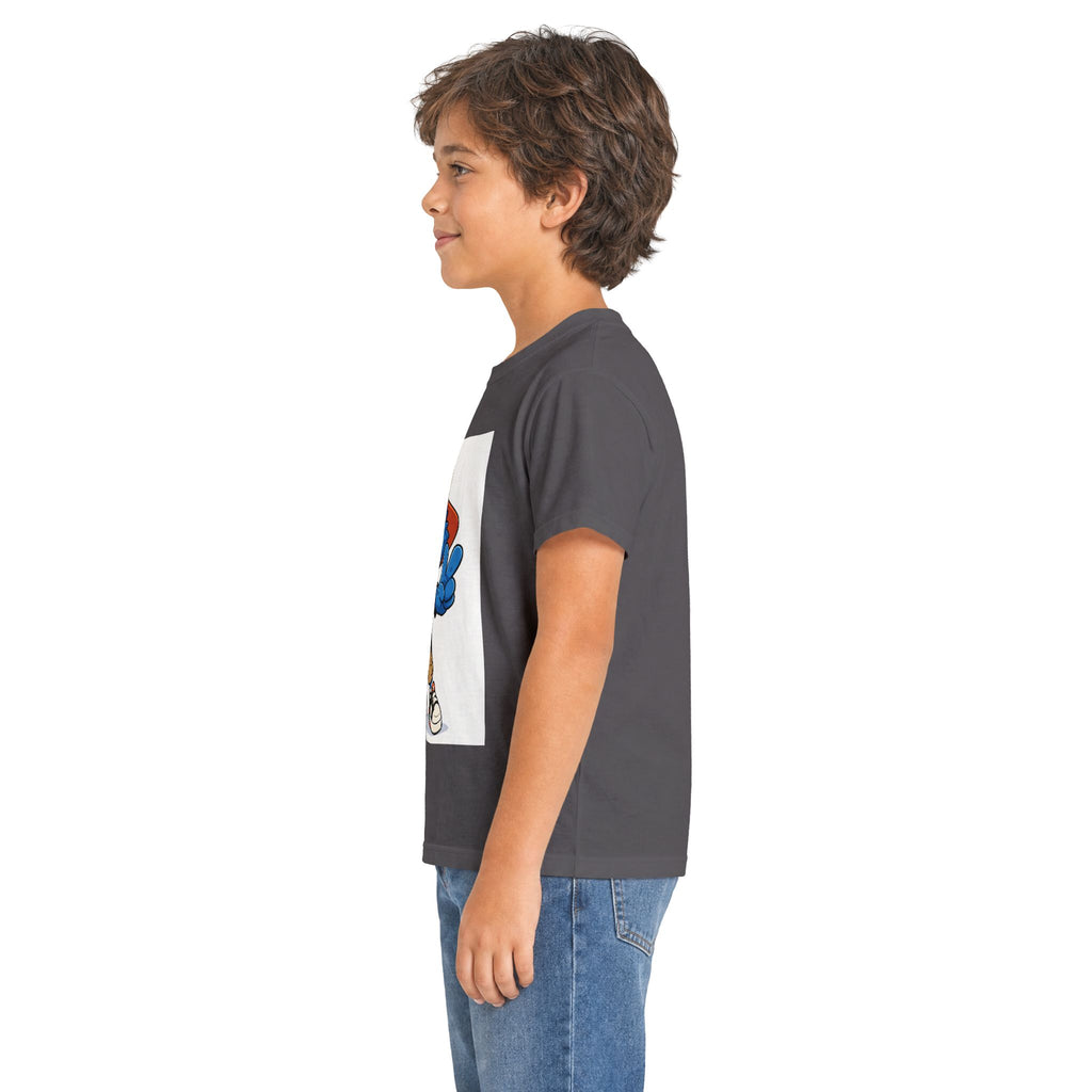 Kids Tee — Blue Cartoon Character Peace Sign Graphic Shirt