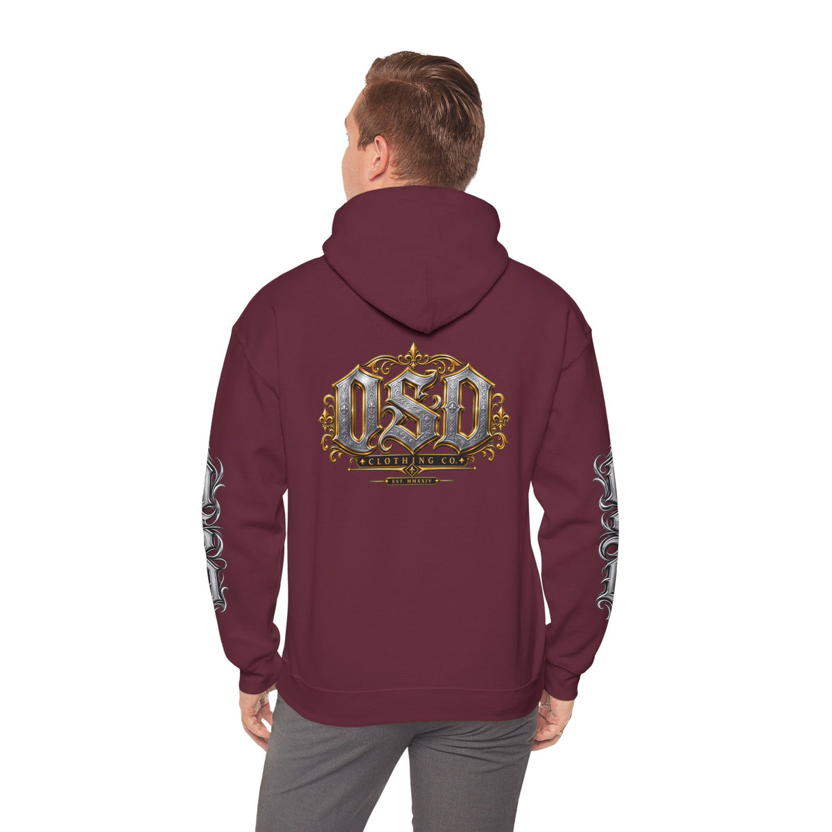 Hoodie — Ornate Gothic "OSD" Logo Sleeve & Back Streetwear Hoodie