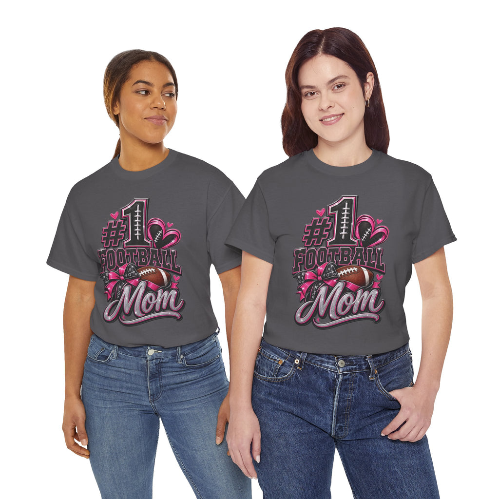 #1 Football Mom T-Shirt — Pink Heart Football Mom Tee for Game Day