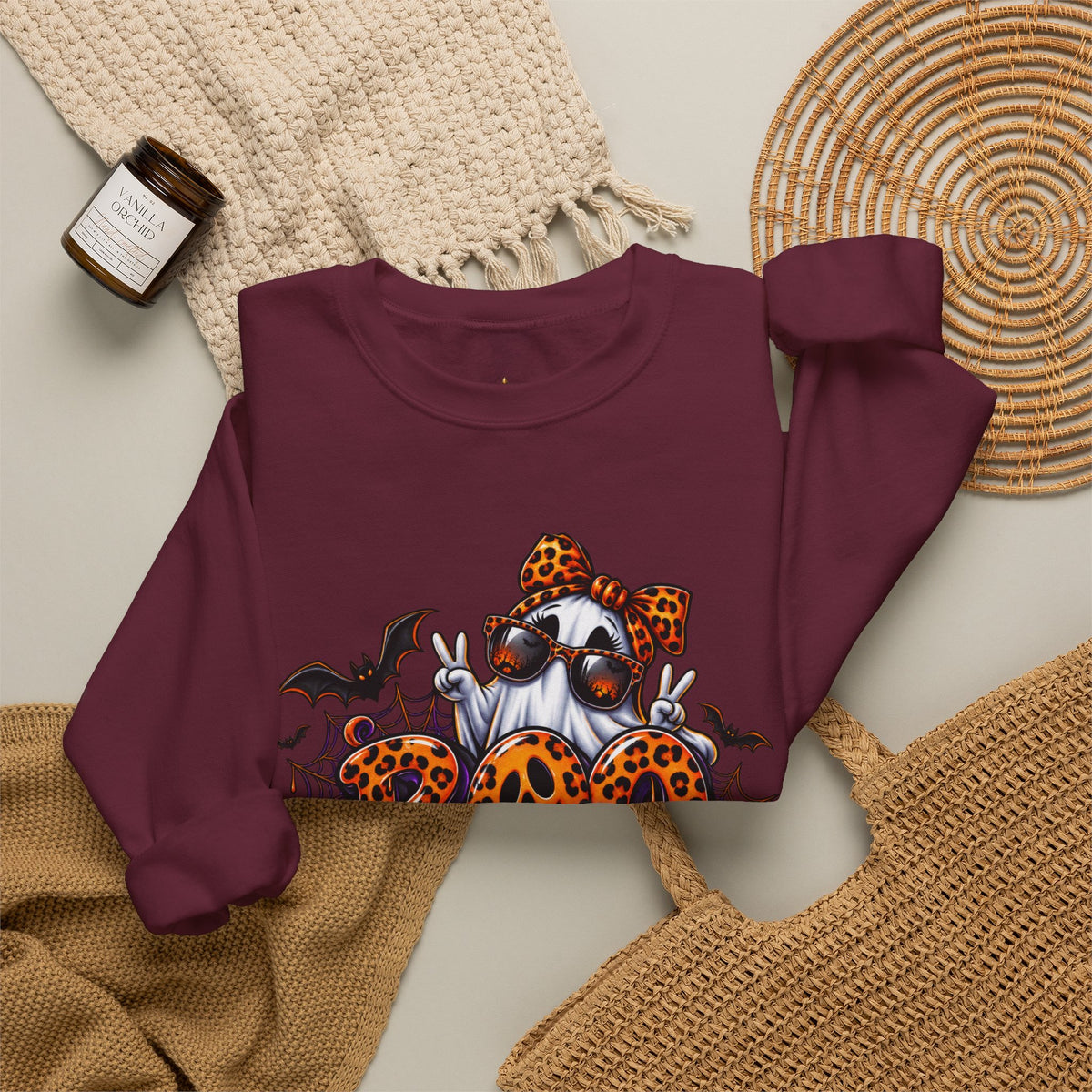 Halloween Ghost Crewneck Sweatshirt — 'Boo Jee' Leopard Pumpkin Graphic