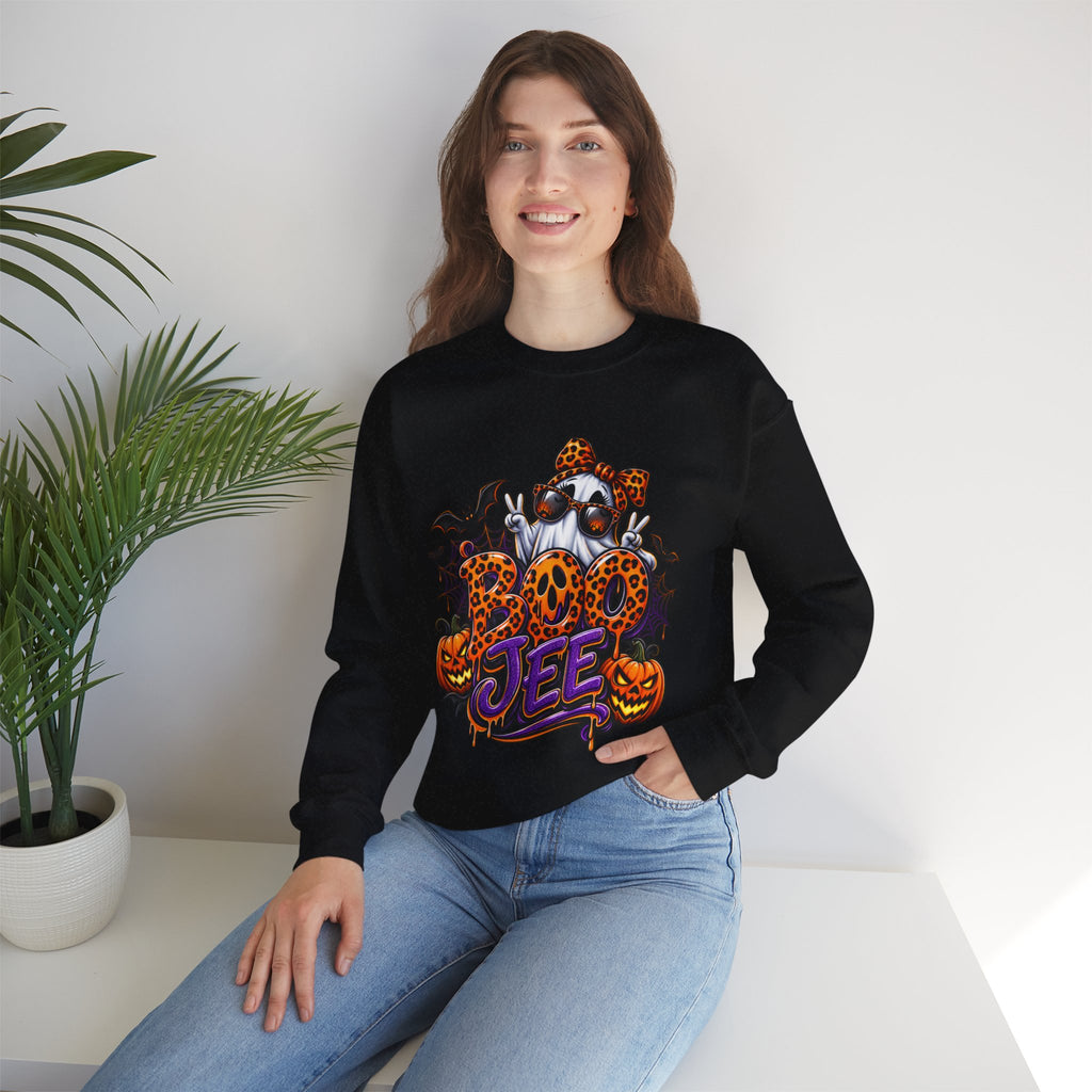 Halloween Ghost Crewneck Sweatshirt — 'Boo Jee' Leopard Pumpkin Graphic