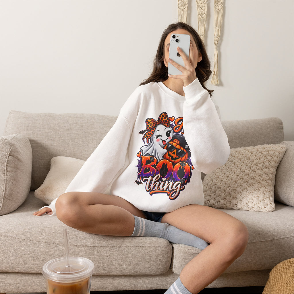 Sweatshirt — "He's My Boo Thing" Halloween Ghost & Jack-O'-Lantern Crewneck