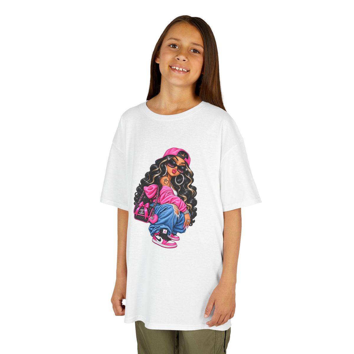 Kids Tee — Cool Girl Graphic Shirt (pink hat, backpack)
