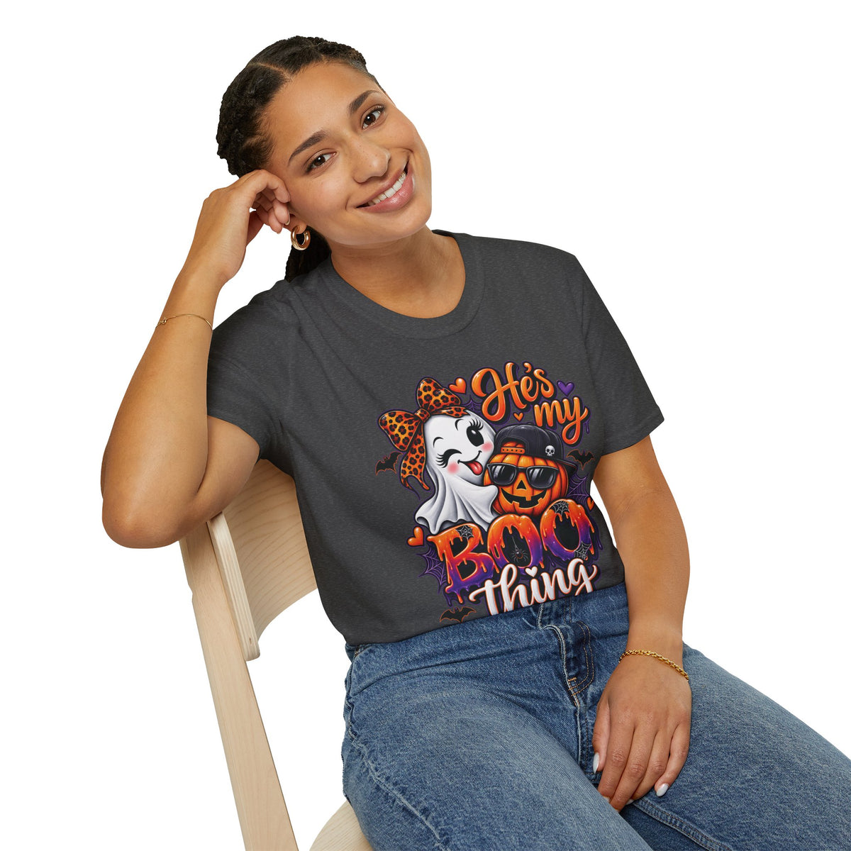 Halloween "He's My Boo Thing" T-Shirt — Cute Ghost & Pumpkin Couple Tee
